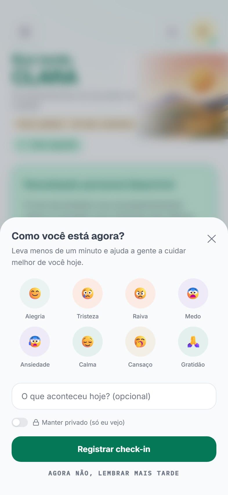 Recorte da tela real de check-in diário.